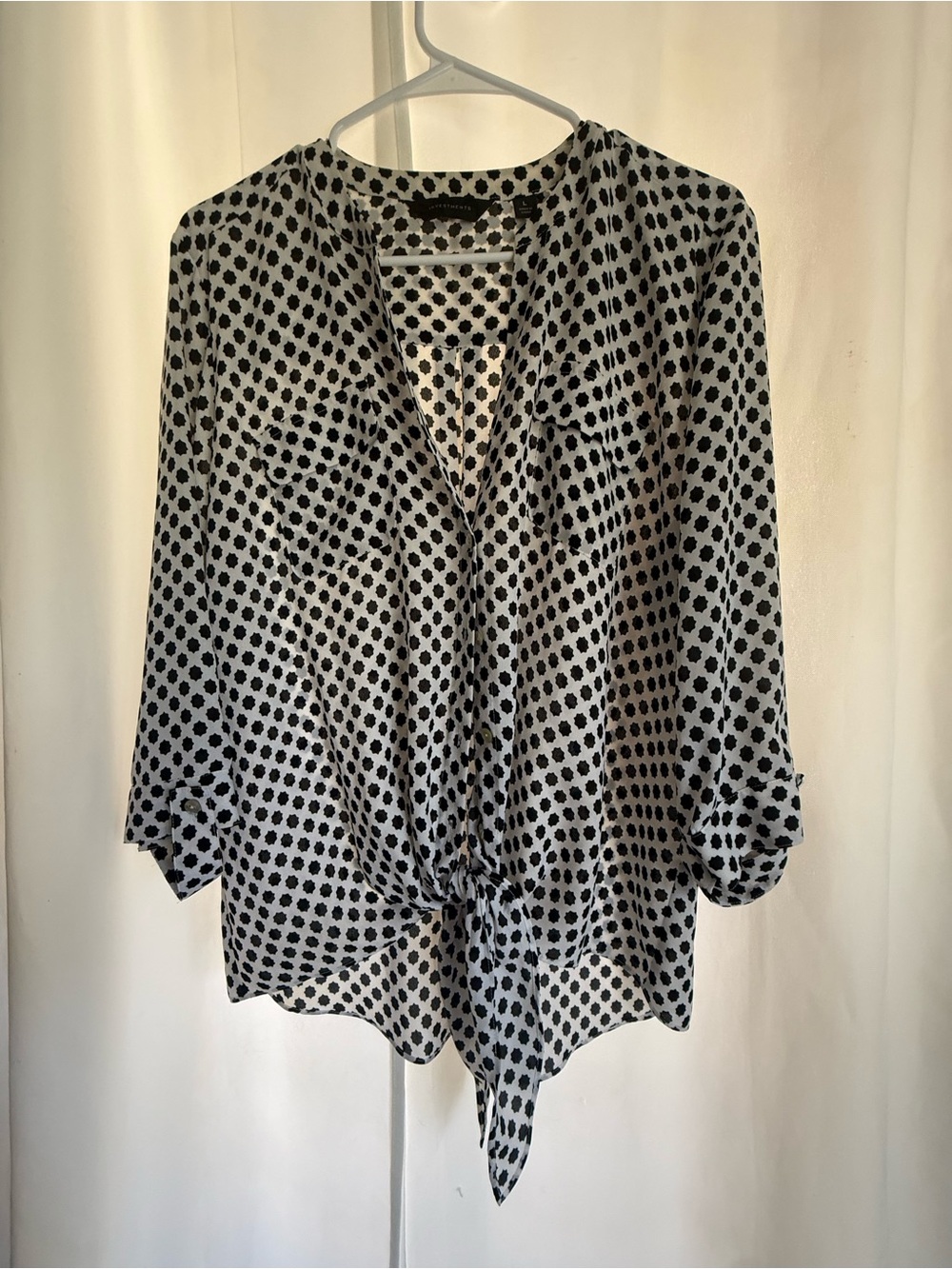Investments Black and White Polka Dot Tie-Hem Blouse